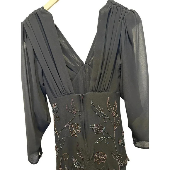 Vintage‎ Black Floral Beaded V-Neck Long Sleeve Evening Dress Size 12 - Picture 3 of 9